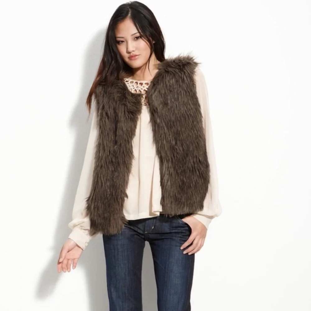 Sanctuary Clothing Brown Faux Fur Vest Peacock Lining J423-F16A Large